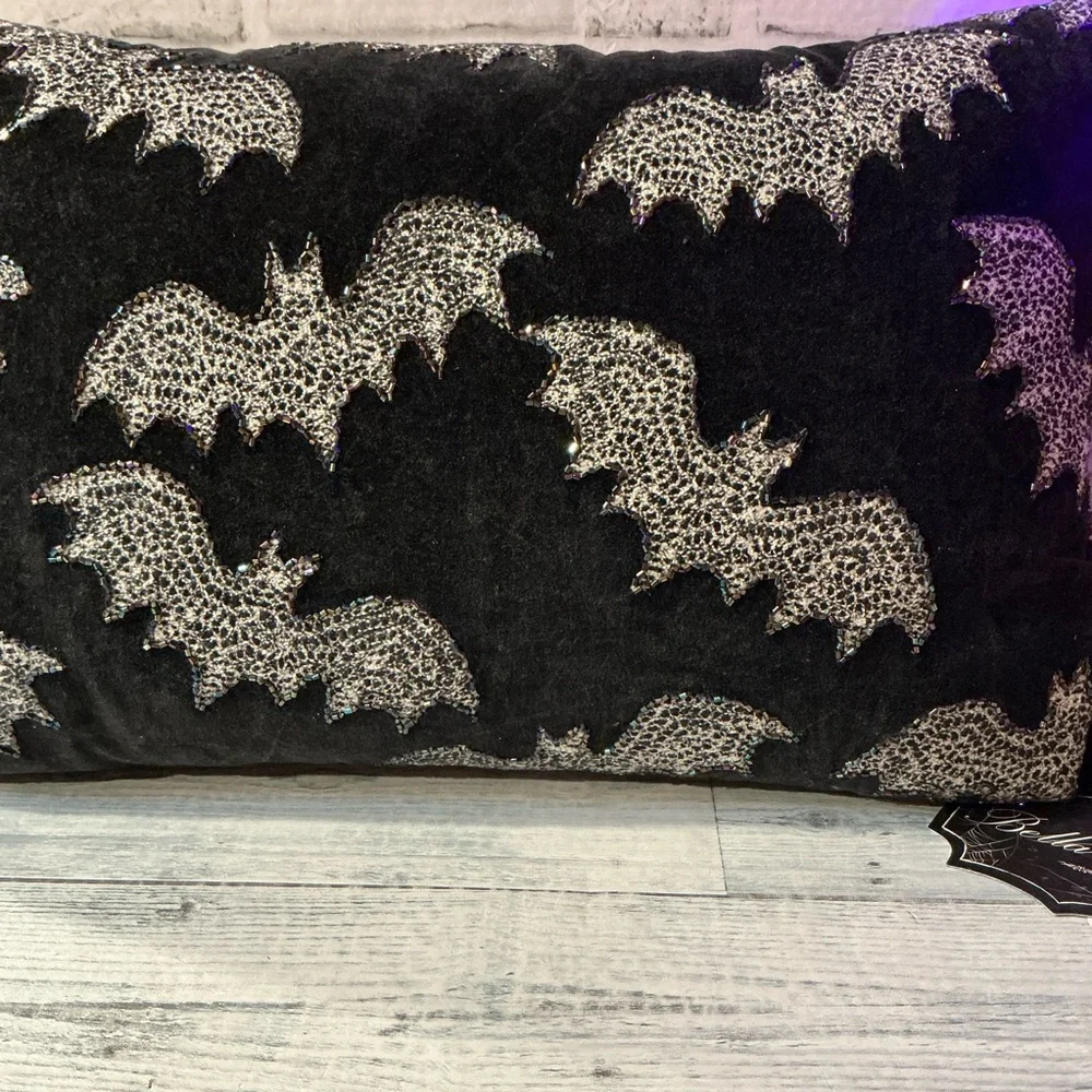 Bella Lux 14x22 Velvet Embroidered Bats Beadwork Halloween Pillow